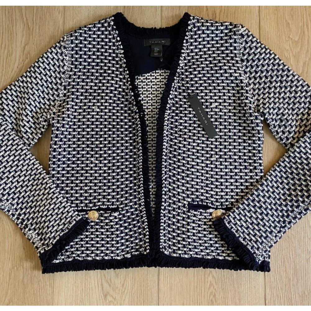 Tahari Bouclé Tweed Navy White Collarless Wool Blend Jacket Brass Buttons M NWT